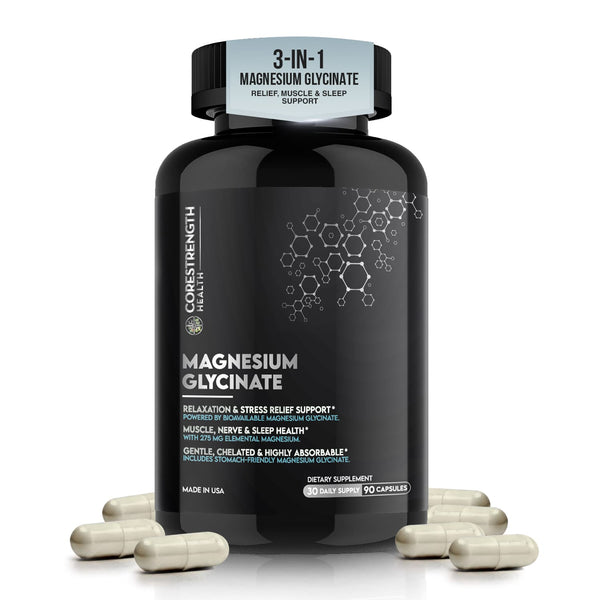 Magnesium Glycinate | Chelated Magnesium for Superior Absorption | 90 Capsules | Relaxation, Muscle Function & Sleep Support | Vegan, Non GMO, Gluten Free | by CoreStrength Health