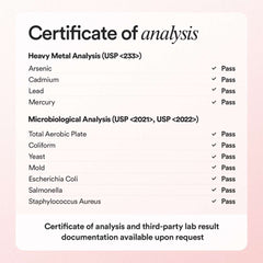 Certificate of analysis for heavy metal and microbiological testing with a pink background
