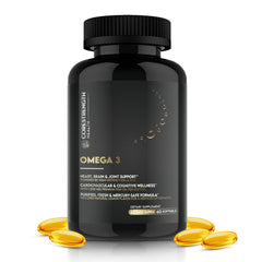 Close-up of CoreStrength Health Omega-3 Fish Oil softgel supplement bottle.
