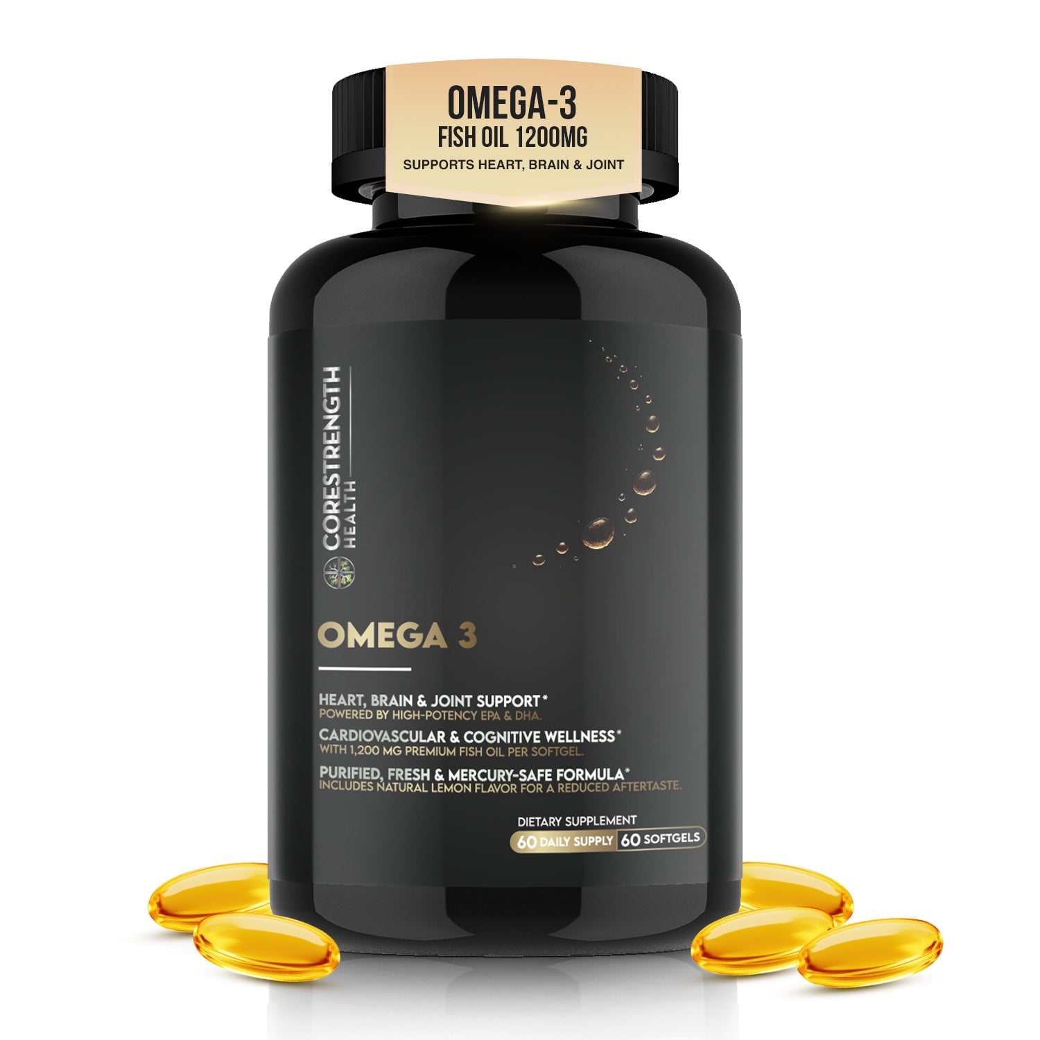 CoreStrength Health Omega-3 Fish Oil supplement bottle with softgel capsules for daily omega-3 intake.
