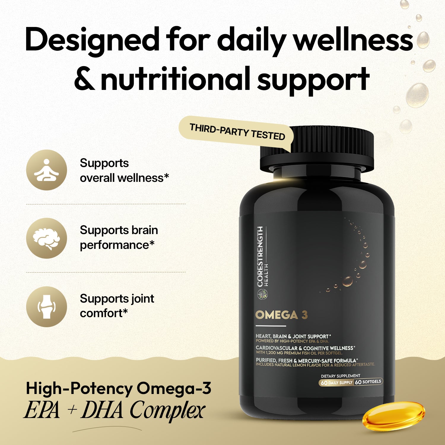Omega-3 supplement bottle with text highlighting benefits on a beige background