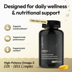 Omega-3 supplement bottle with text highlighting benefits on a beige background