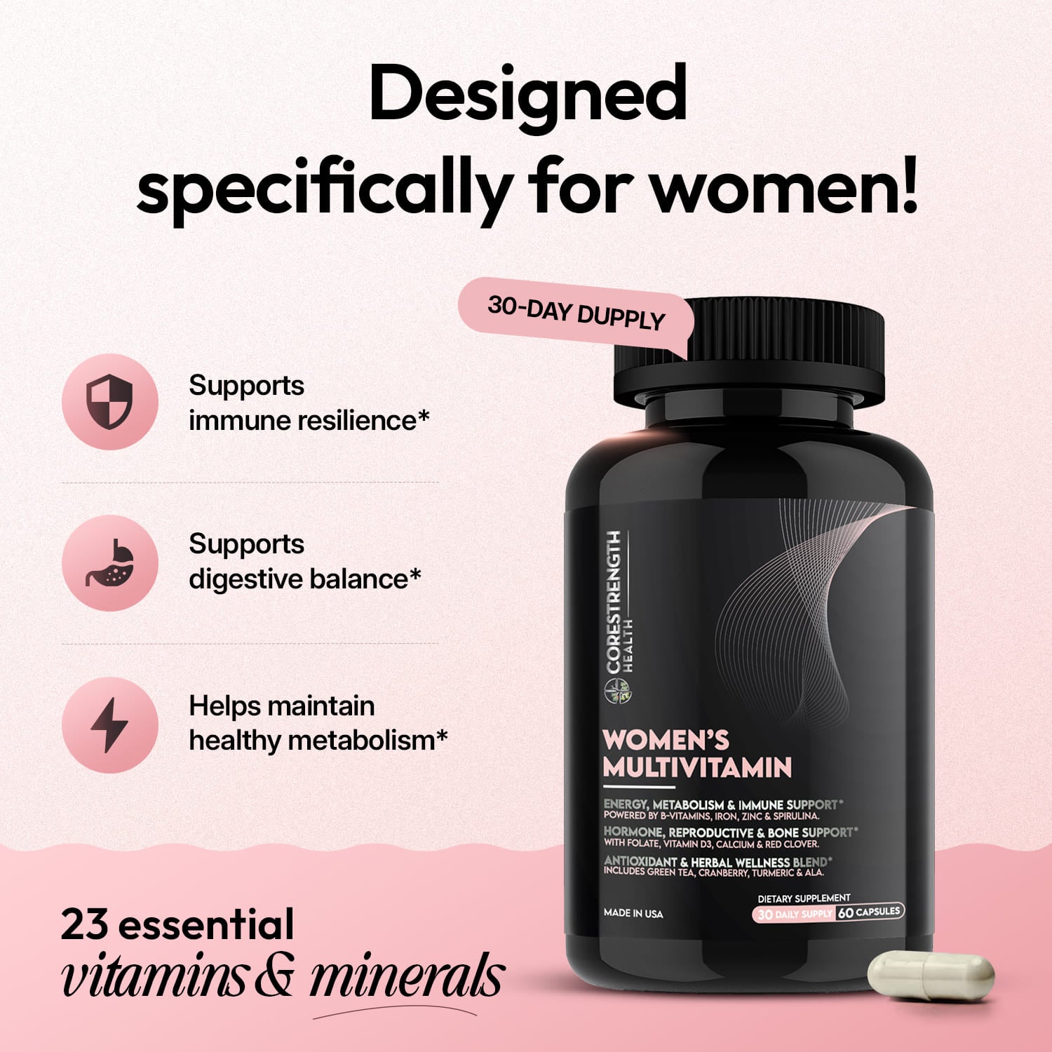 Black bottle of women's multivitamin highlighting the benefits  on a light pink background
