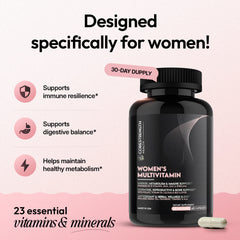 Black bottle of women's multivitamin highlighting the benefits  on a light pink background