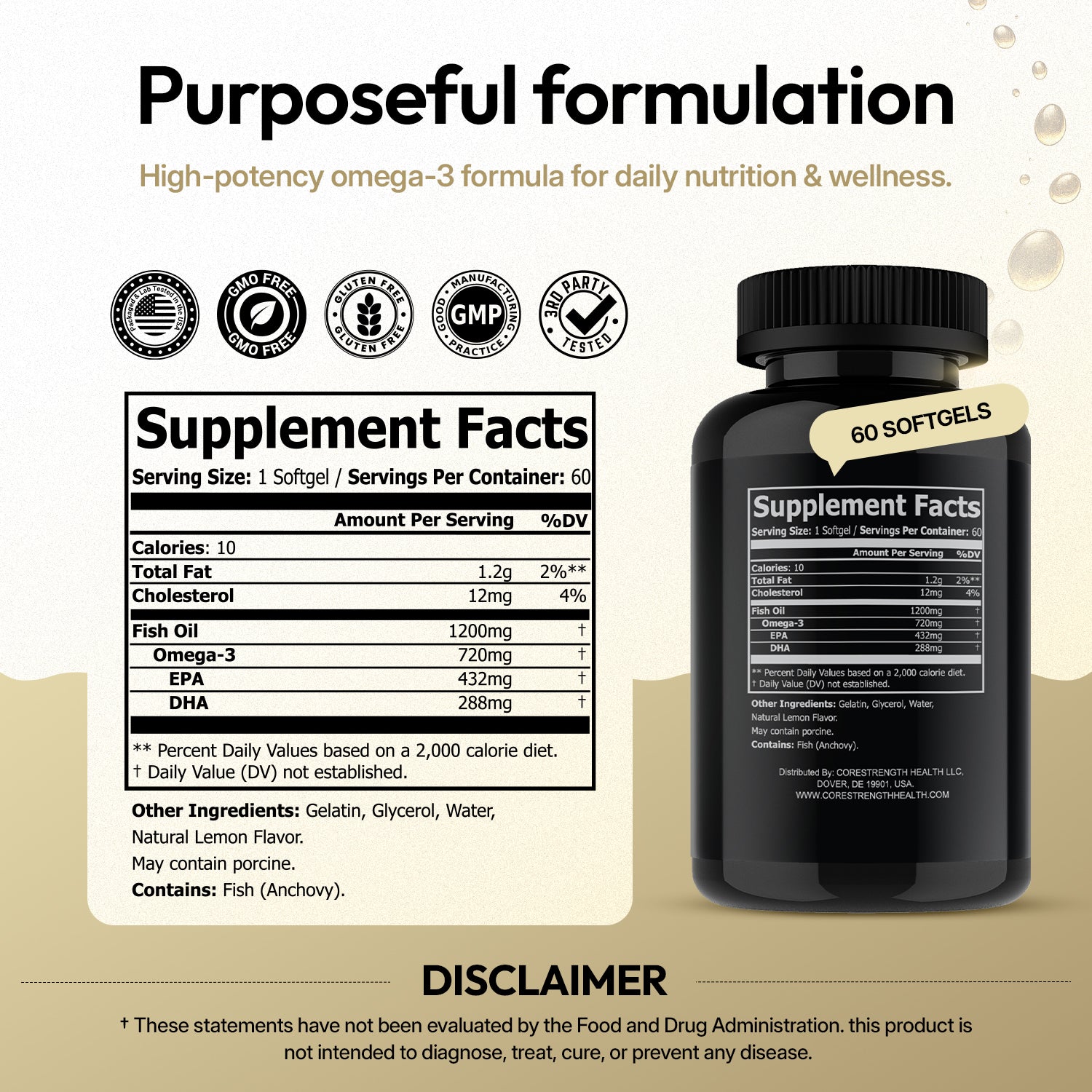  Back label of CoreStrength Health Omega-3 Fish Oil showing supplement facts.
