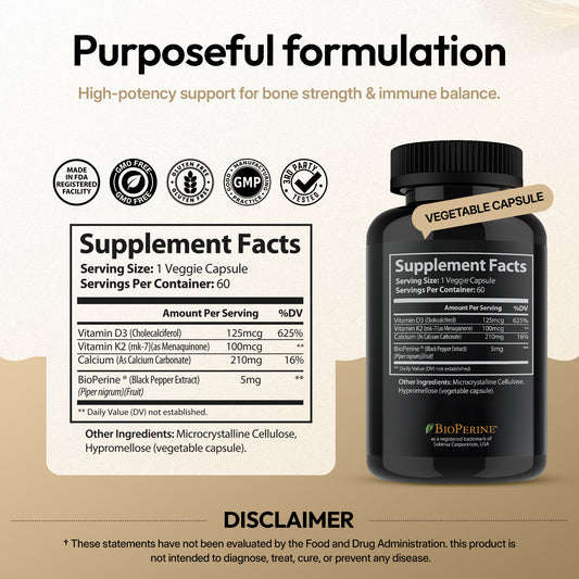 Vitamin D3 5000 IU with Vitamin K2 MK7 for Bone & Immune Support