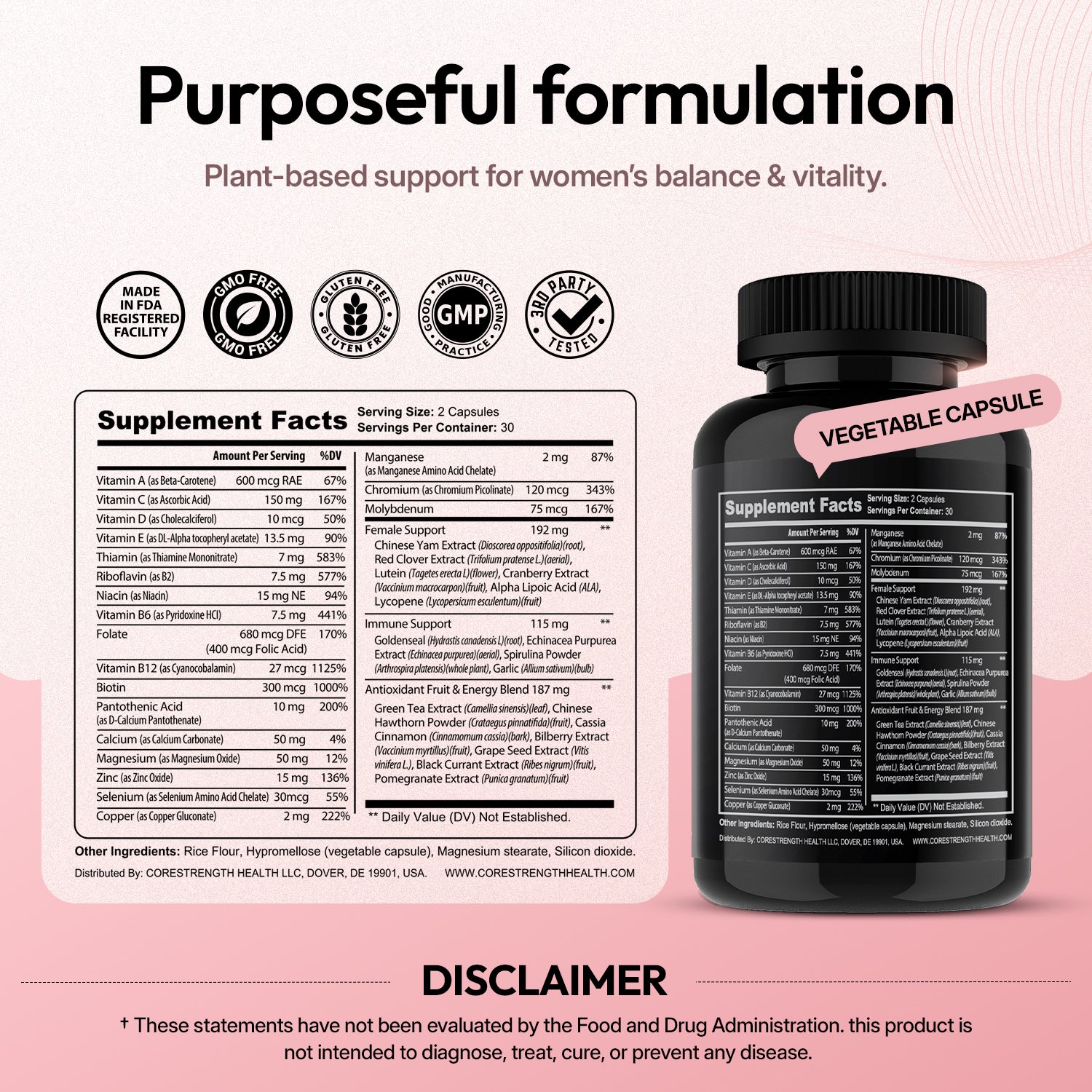  Back label of CoreStrength Health Women's Multivitamins bottle showing supplement facts.
