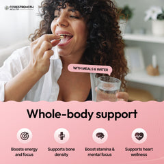 Woman taking supplement with CoreStrength Health branding, featuring text about whole-body support.