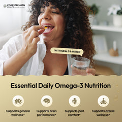  Woman taking a supplement with text about essential daily omega-3 nutrition.
