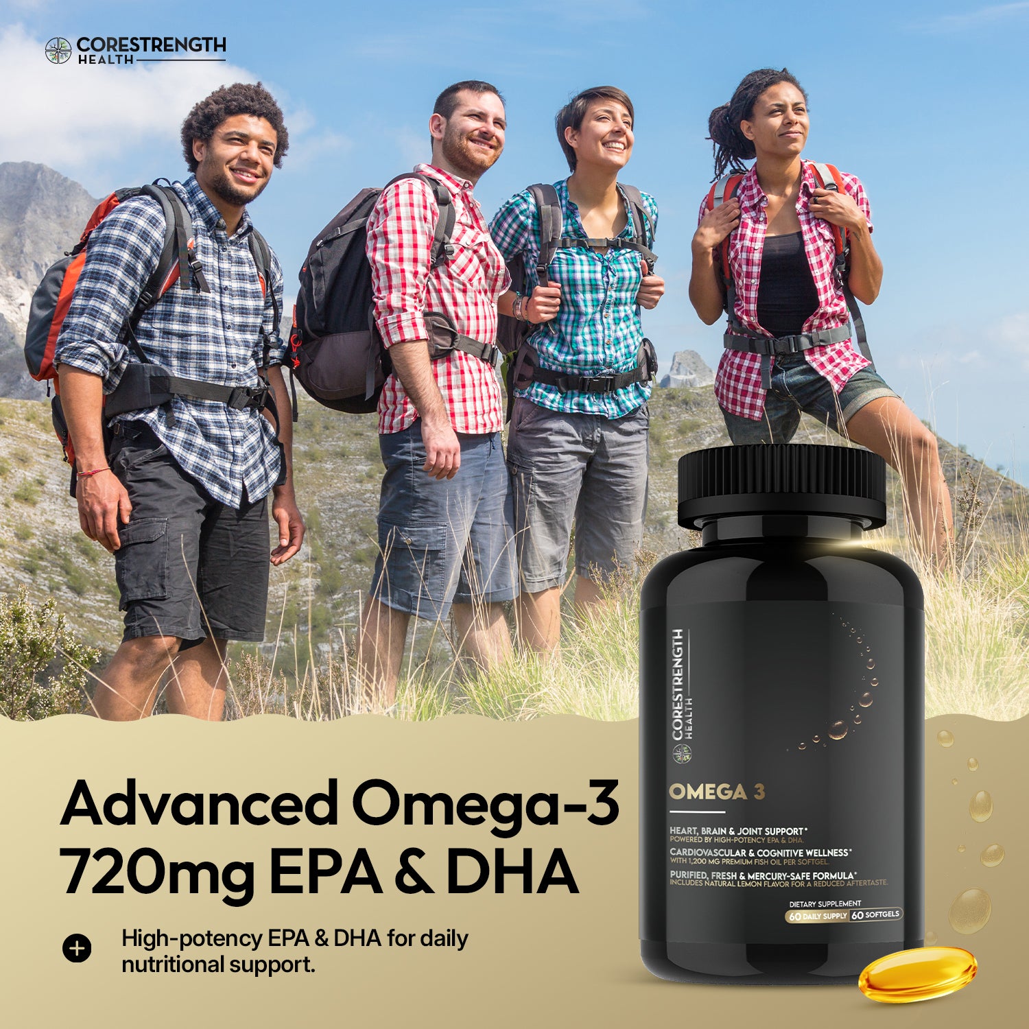  Group of hikers with a CoreStrength Health Omega-3 supplement bottle in the foreground.

