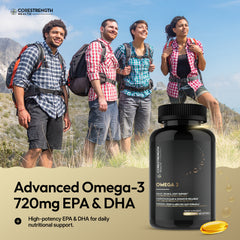  Group of hikers with a CoreStrength Health Omega-3 supplement bottle in the foreground.

