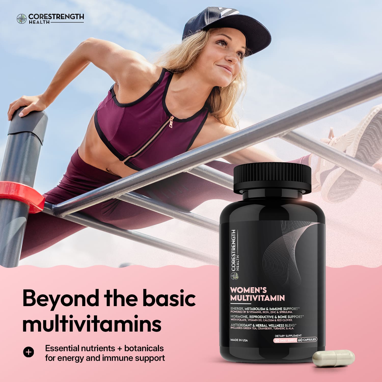 Woman in athletic wear with CoreStrength Health women's multivitamin bottle on a pink background