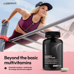 Woman in athletic wear with CoreStrength Health women's multivitamin bottle on a pink background