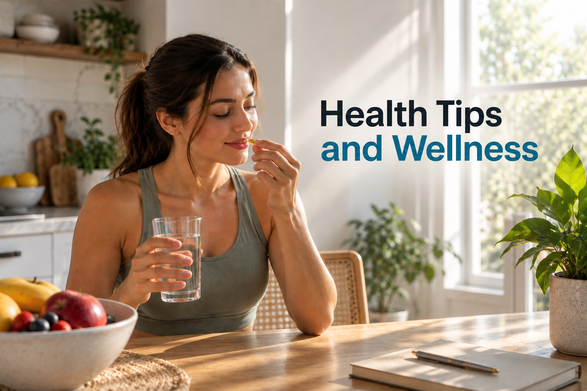 A woman in a kitchen setting holds a glass of water and a small spoonful of powder, with the text 'Health Tips and Wellness' on the right. A bowl of fruit, plants, and a notebook are visible on the table.