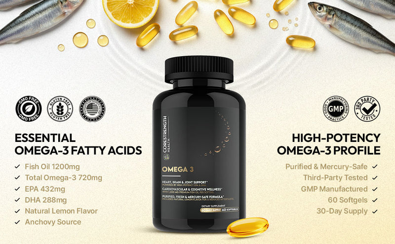 Omega 3 Fish Oil 1200 mg | 720 mg EPA & DHA per Softgel | Heart, Brain & Joint Support | Highly Absorbable Triglyceride Form Fish Oil | Purified & Mercury Safe | 60 Softgels, CoreStrength Health