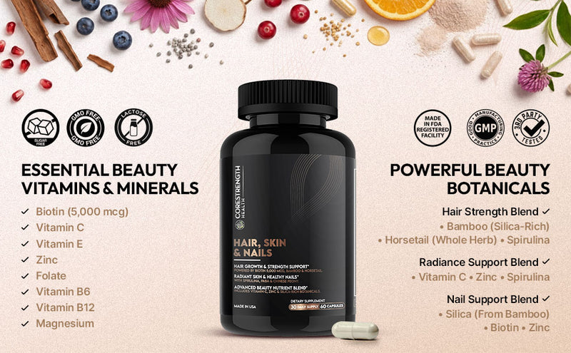 Hair Skin & Nails Supplement 5000 mcg Biotin with Collagen & Keratin | Supports Healthy Hair Skin & Nails | Beauty Support for Women & Men | Non GMO | 60 Capsules | CoreStrength Health