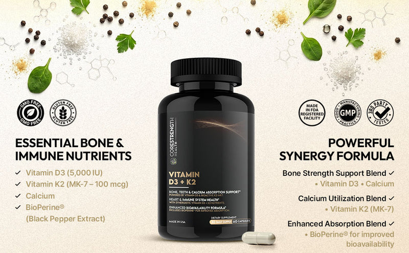 Vitamin D3 5000 IU with Vitamin K2 MK7 | Supports Calcium Absorption & Bone Health | Immune Support* | High Potency D3 + K2 Formula | 60 Capsules  | CoreStrength Health