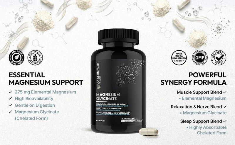 Magnesium Glycinate | Chelated Magnesium for Superior Absorption | 90 Capsules | Relaxation, Muscle Function & Sleep Support | Vegan, Non GMO, Gluten Free | by CoreStrength Health