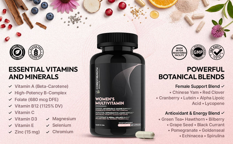 Women’s Daily Multivitamin | High Potency B Complex, Vitamin D3 & Zinc | with Antioxidant Herbal Blend | Energy, Metabolism & Immune Support | 60 Capsules | Non GMO, Gluten Free | CoreStrength Health