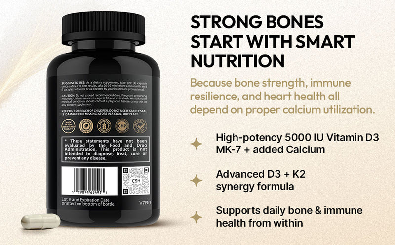 Vitamin D3 5000 IU with Vitamin K2 MK7 | Supports Calcium Absorption & Bone Health | Immune Support* | High Potency D3 + K2 Formula | 60 Capsules  | CoreStrength Health
