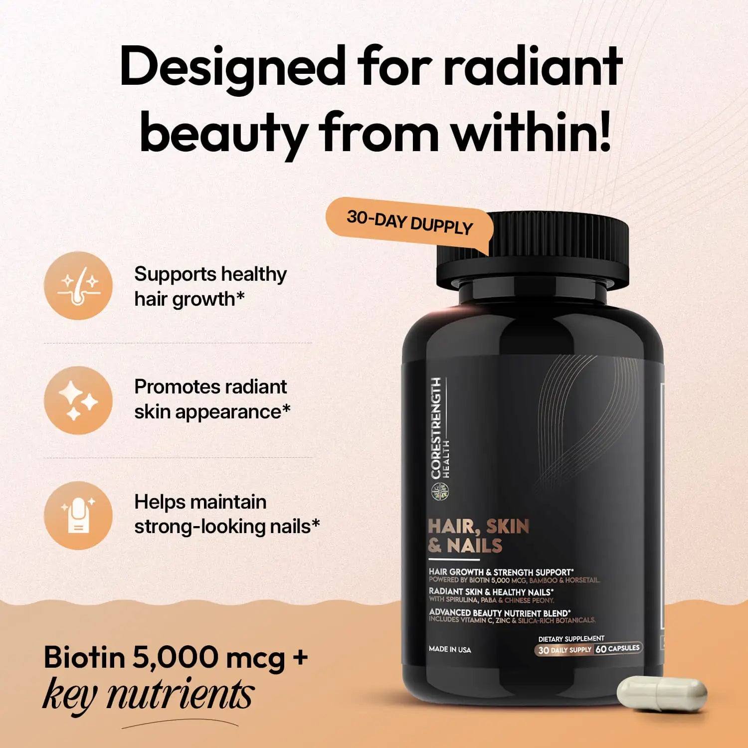 Hair Skin & Nails Supplement 5000 mcg Biotin with Collagen & Keratin | Supports Healthy Hair Skin & Nails | Beauty Support for Women & Men | Non GMO | 60 Capsules | CoreStrength Health
