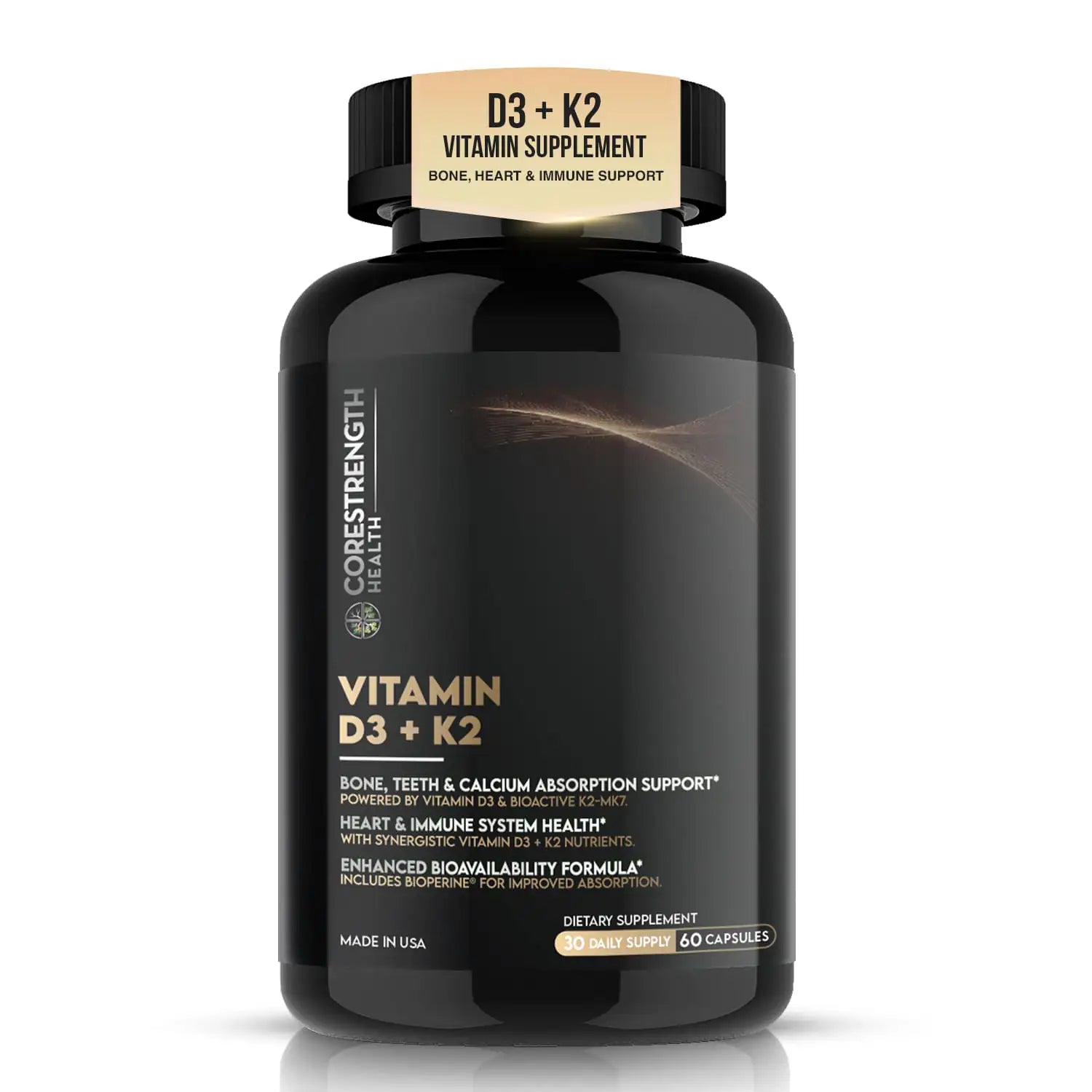 Vitamin D3 5000 IU with Vitamin K2 MK7 | Supports Calcium Absorption & Bone Health | Immune Support* | High Potency D3 + K2 Formula | 60 Capsules | Made in USA | CoreStrength Health