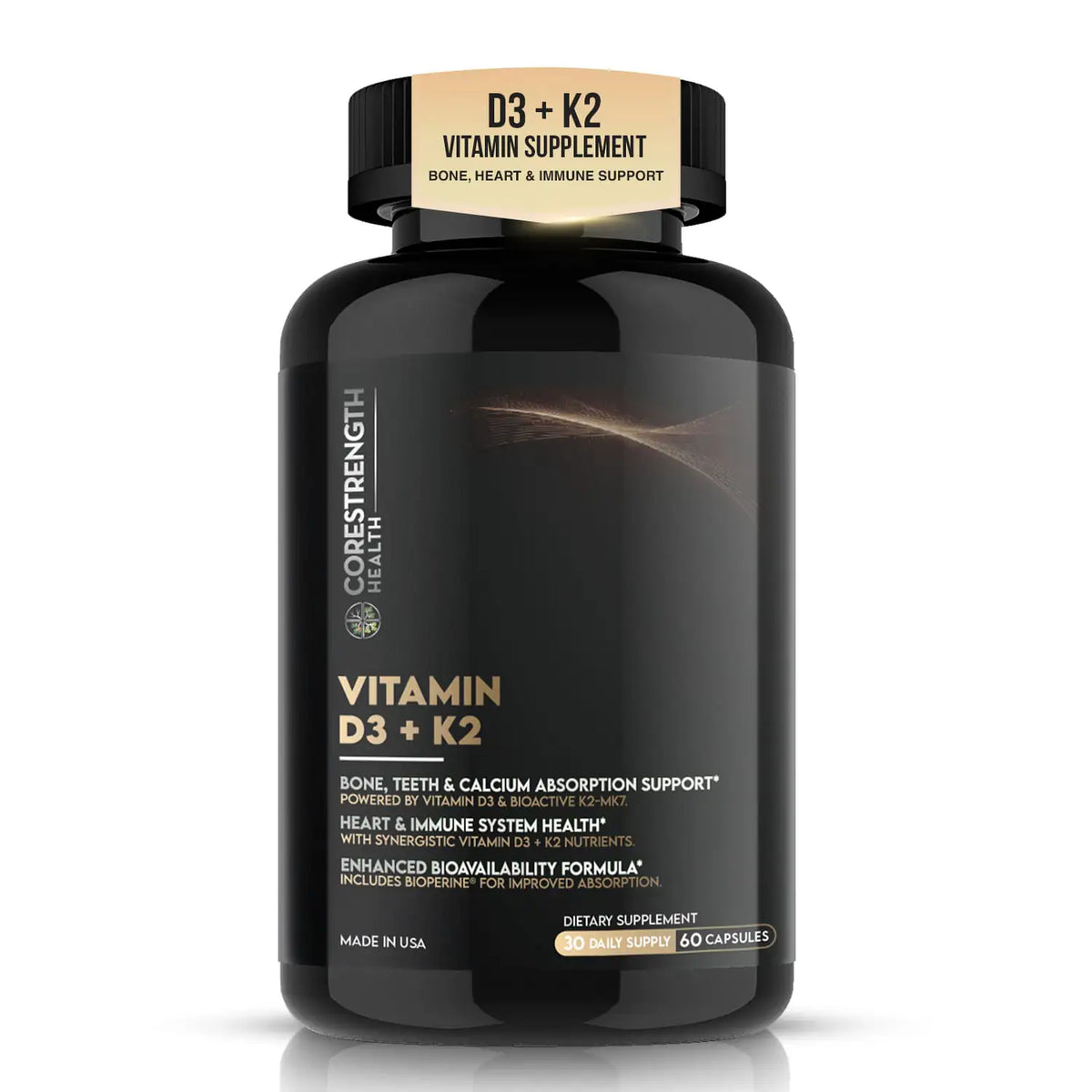 Vitamin D3 5000 IU with Vitamin K2 MK7 | Supports Calcium Absorption & Bone Health | Immune Support* | High Potency D3 + K2 Formula | 60 Capsules | Made in USA | CoreStrength Health