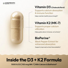 Vitamin D3 5000 IU with Vitamin K2 MK7 | Supports Calcium Absorption & Bone Health | Immune Support* | High Potency D3 + K2 Formula | 60 Capsules | Made in USA | CoreStrength Health