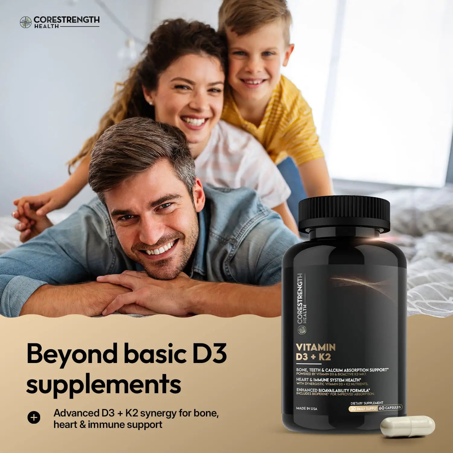 Vitamin D3 5000 IU with Vitamin K2 MK7 | Supports Calcium Absorption & Bone Health | Immune Support* | High Potency D3 + K2 Formula | 60 Capsules | Made in USA | CoreStrength Health