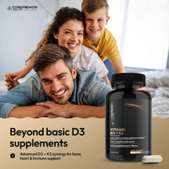 Vitamin D3 5000 IU with Vitamin K2 MK7 | Supports Calcium Absorption & Bone Health | Immune Support* | High Potency D3 + K2 Formula | 60 Capsules | Made in USA | CoreStrength Health