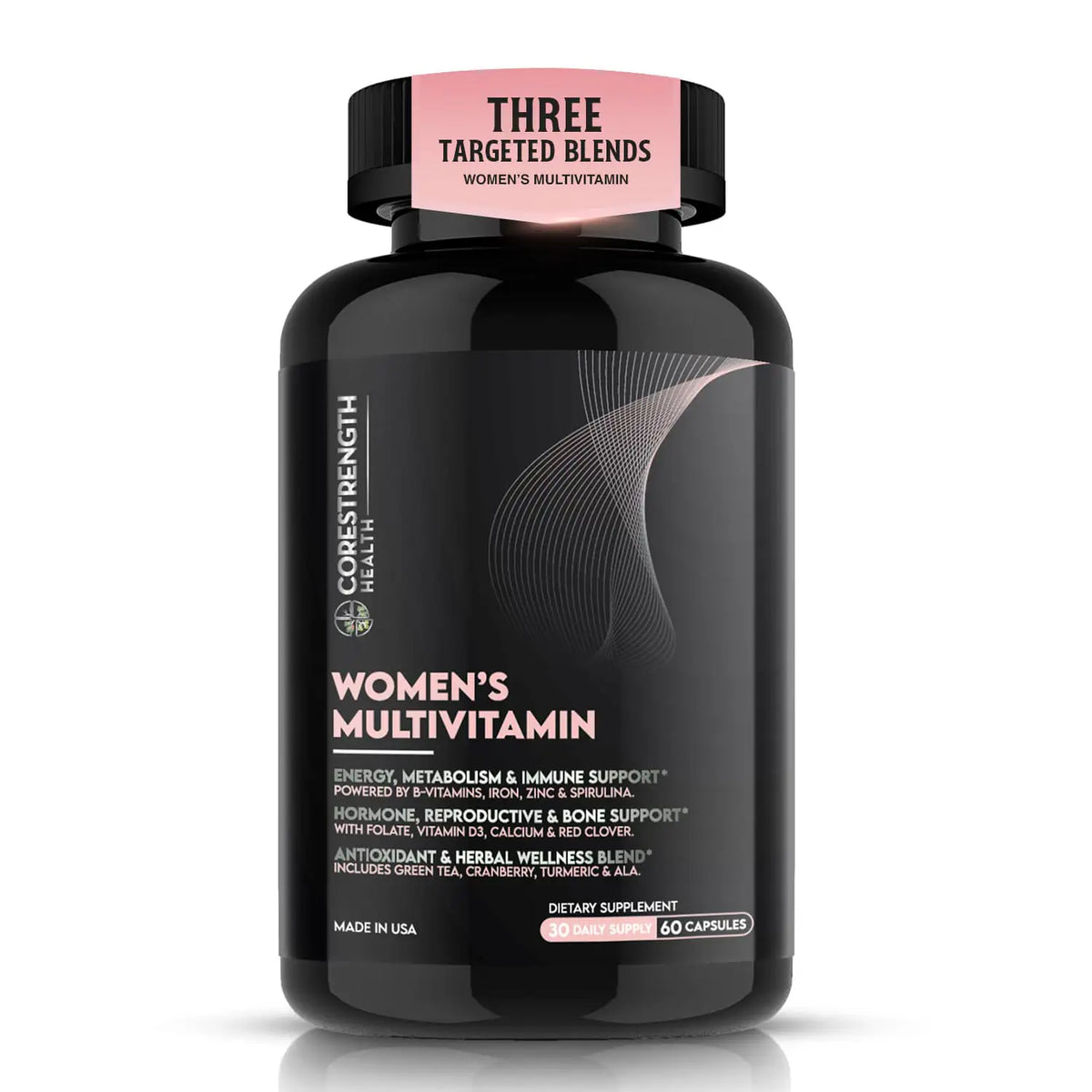 Black bottle of  CoreStrength health women's multivitamin supplement on a white background